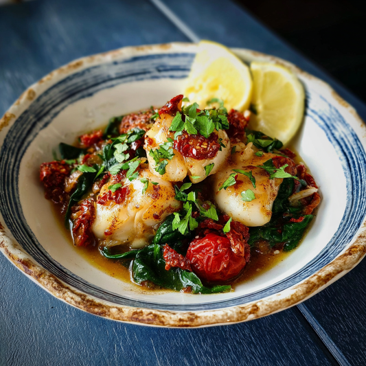 Monkfish Cheeks with Chorizo, Tomato & Spinach