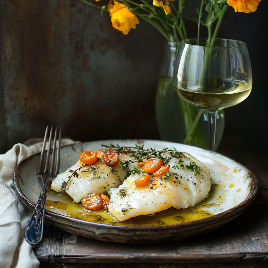 Pan-Seared Cod in White Wine Tomato Basil Sauce