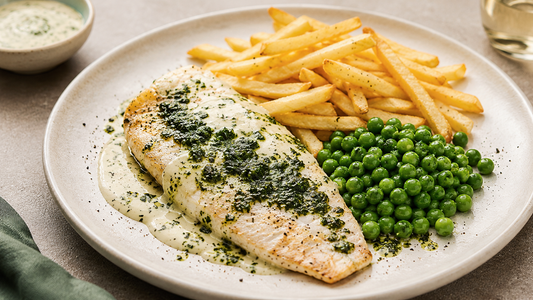 Sea bass & frites with pesto peas and lemon aïoli