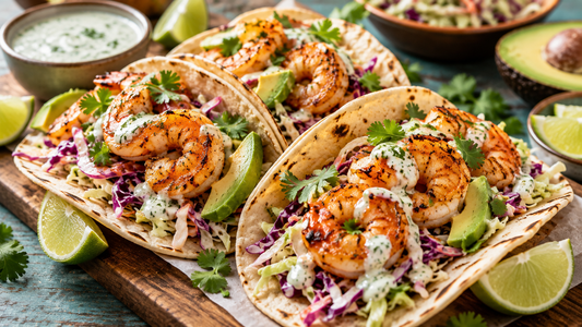 Cajun King Prawn Tacos with Crunchy Slaw & Lime Dressing