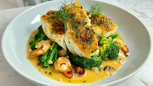 Pan-Fried Halibut with Prawn Butter Sauce