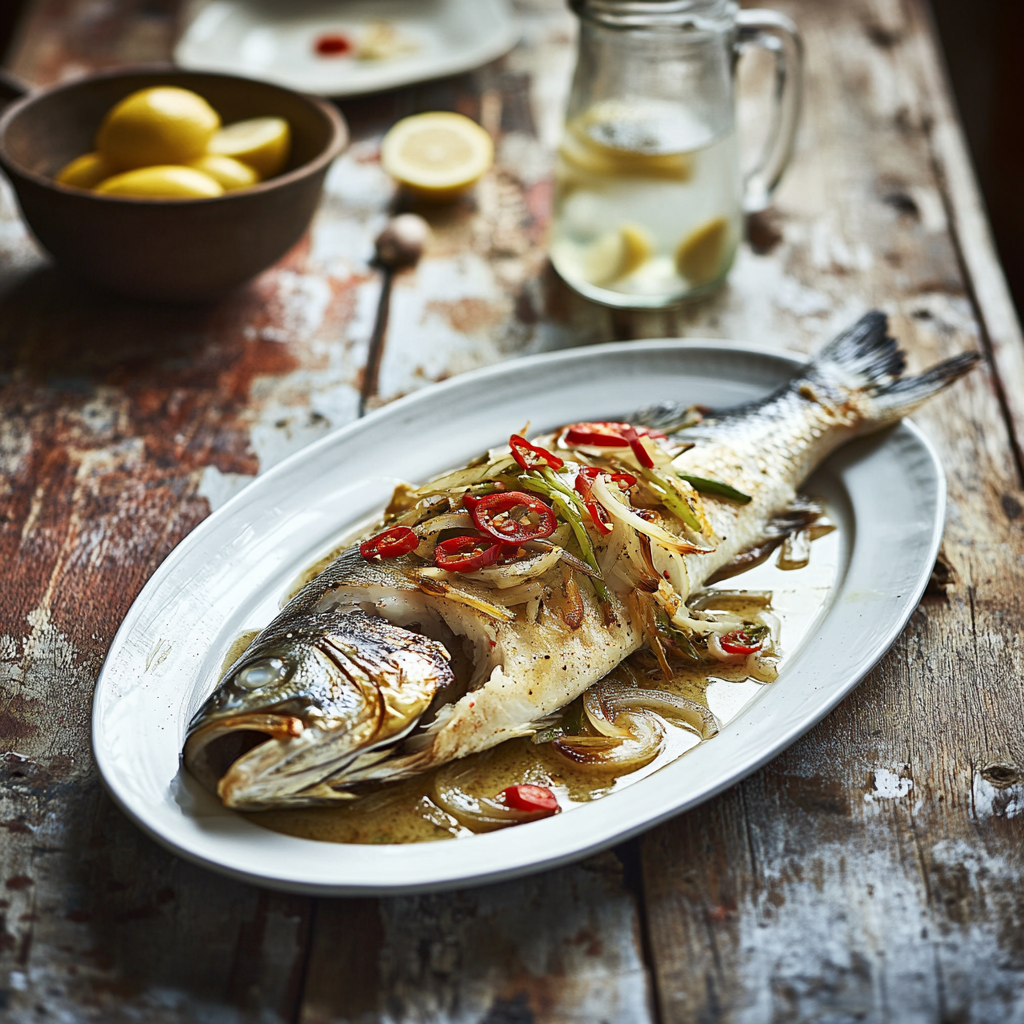 Sea Bass with Sizzled Ginger, Chilli & Spring Onions