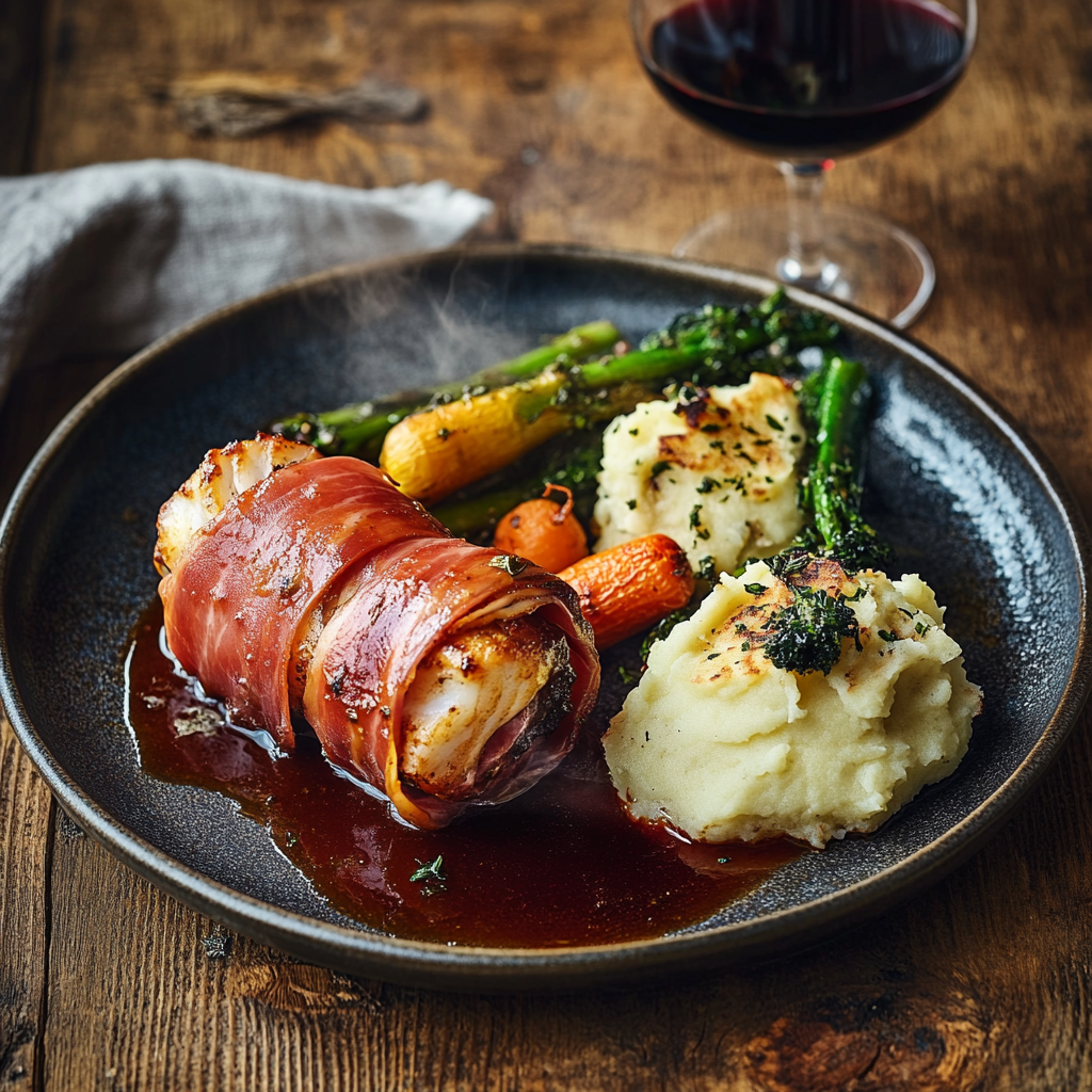 Roast Monkfish with Parma Ham & Red Wine Sauce