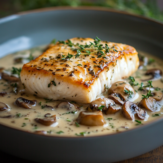 Garlic Herb Butter Halibut with Creamy Mushroom Sauce