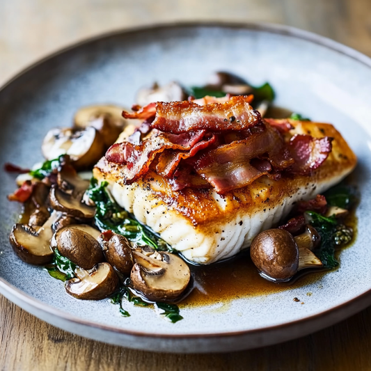 Poached Halibut with Wild Mushrooms, Spinach & Red Wine Jus Recipe